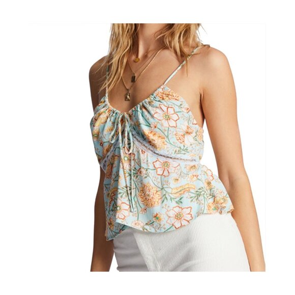 BILLABONG For You Cami Tank Top Sz L Blue Floral Crop VNeck Lace Trim Viscose - Picture 1 of 13